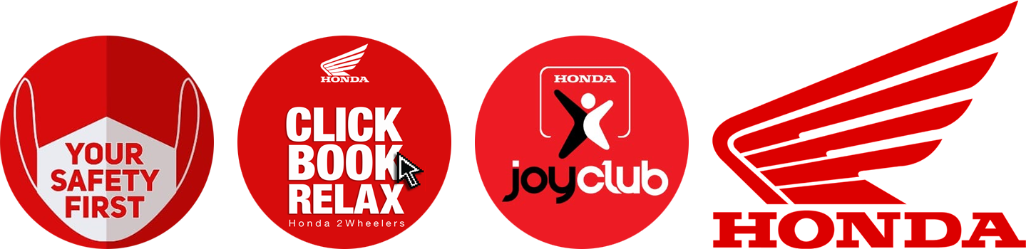 Honda program badges — Your Safety First, Click Book Relax, Honda Joy Club, Honda Wing